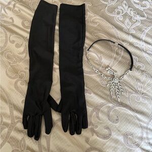 Elegant Black Gloves and Silver Headband Set